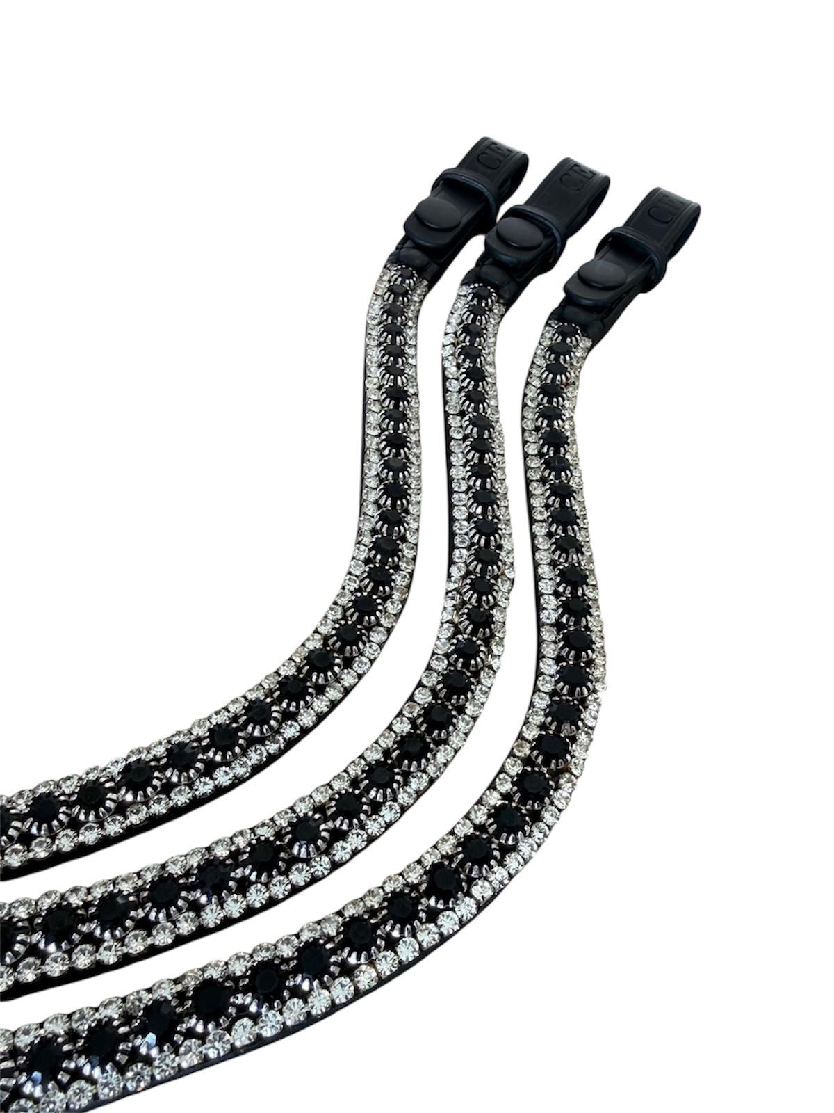 rontal para caballo con doble fila de cristales negros y plateados – accesorio hípico elegante
