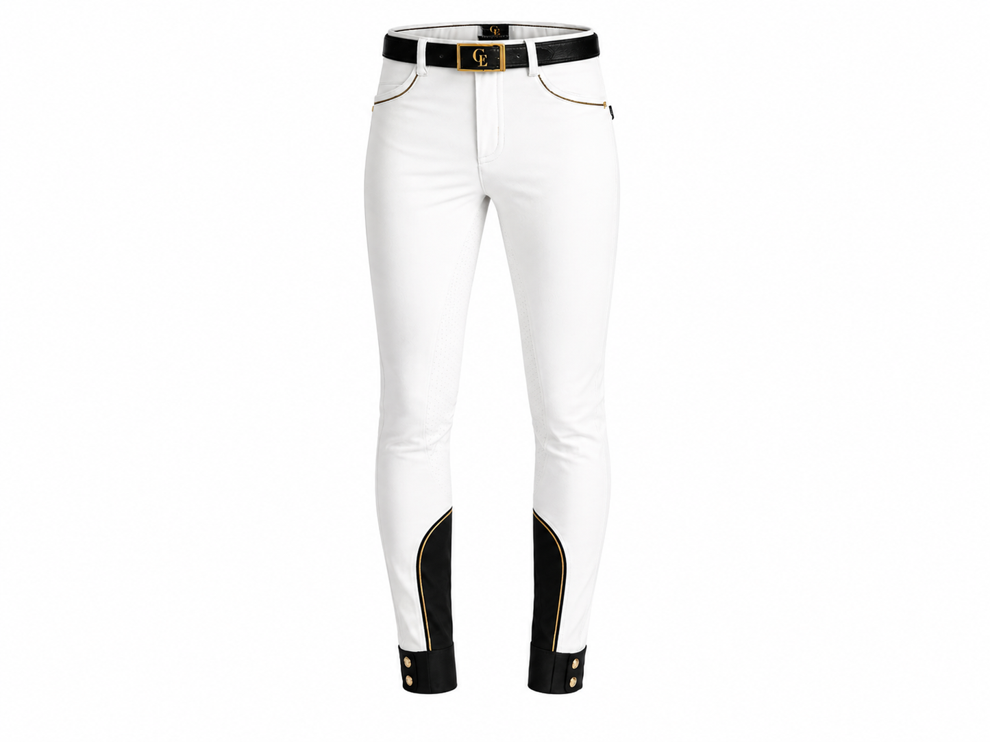 Pantalón de equitación blanco talle alto con detalles en negro y dorado, cinturón de cuero negro con hebilla dorada logo CE, bajos en negro con ribete dorado y botones dorados