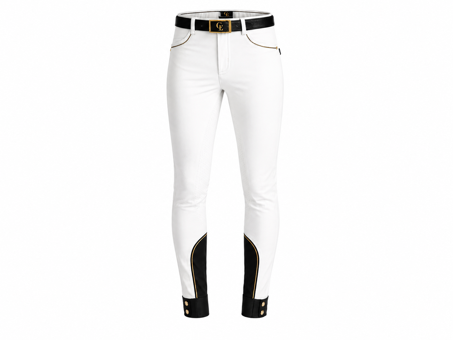 Pantalón de equitación blanco talle alto con detalles en negro y dorado, cinturón de cuero negro con hebilla dorada logo CE, bajos en negro con ribete dorado y botones dorados