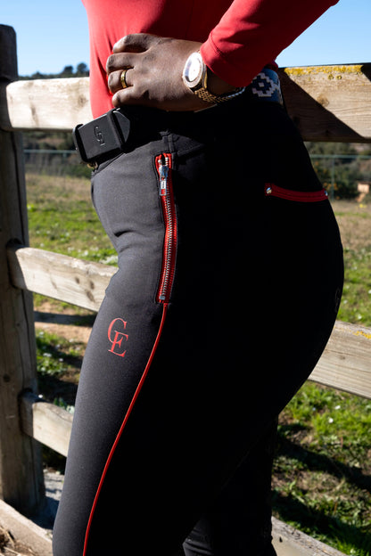 Pantalón de equitación mujer negro con detalles rojos Celiana Equestrian full grip