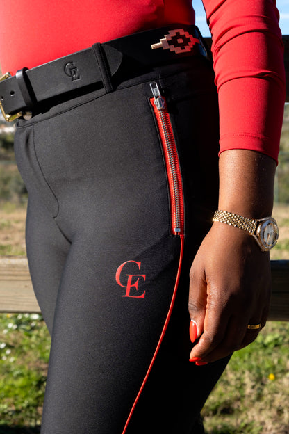 Detalle pantalón de equitación mujer negro Celiana Equestrian cremallera roja