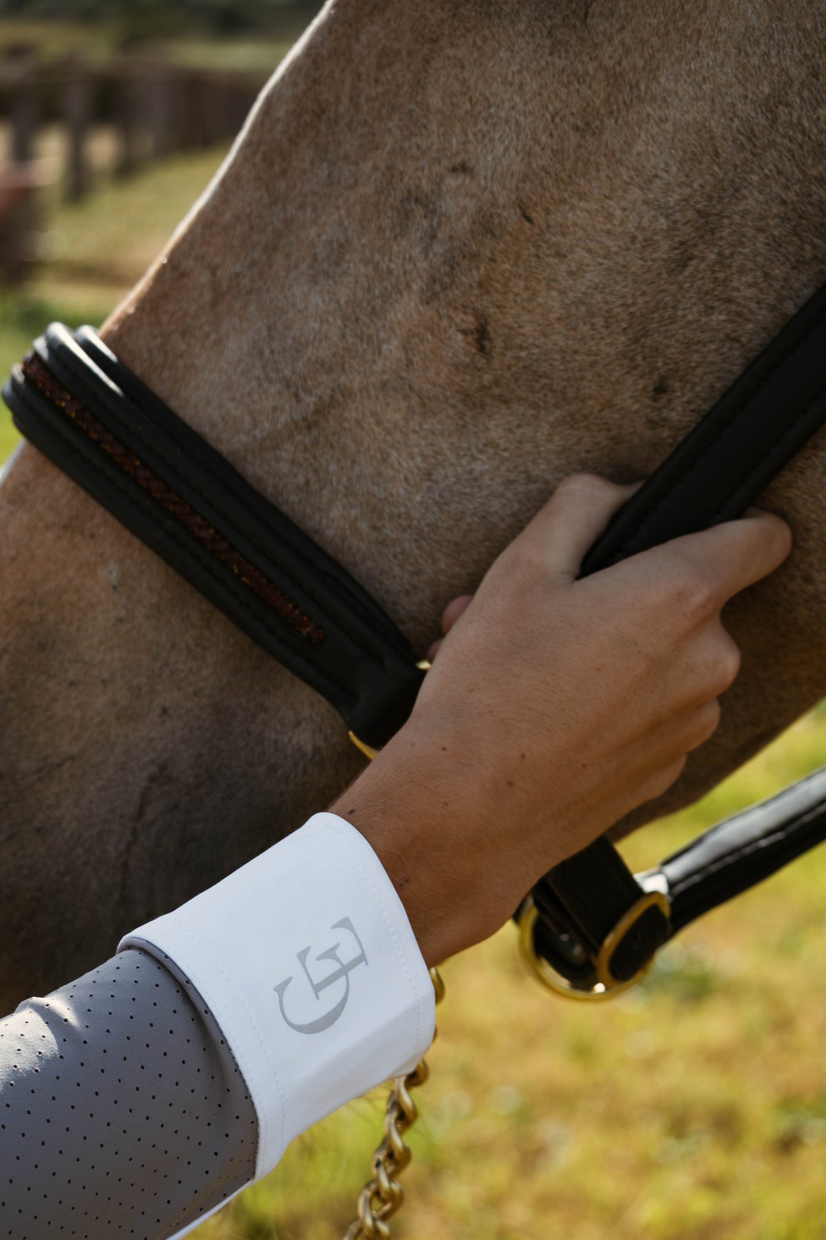 Mano de amazona con camisa de concurso gris perforada Celiana Equestrian, puño blanco con logo bordado, apoyada en la cabeza de un caballo con cabezada de cuero negro. 