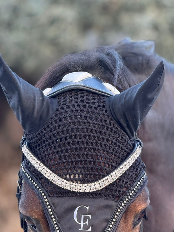 Frontal con strass plateado para caballo con bonete negro Celiana Equestrian - accesorios ecuestre premium