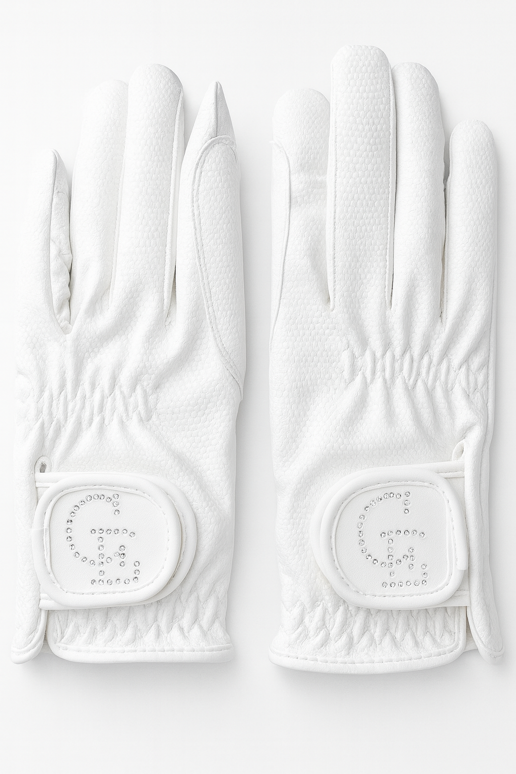 Par de guantes de equitación blancos con logo CE en cristales, textura perforada y cierre velcro, Celiana Equestrian