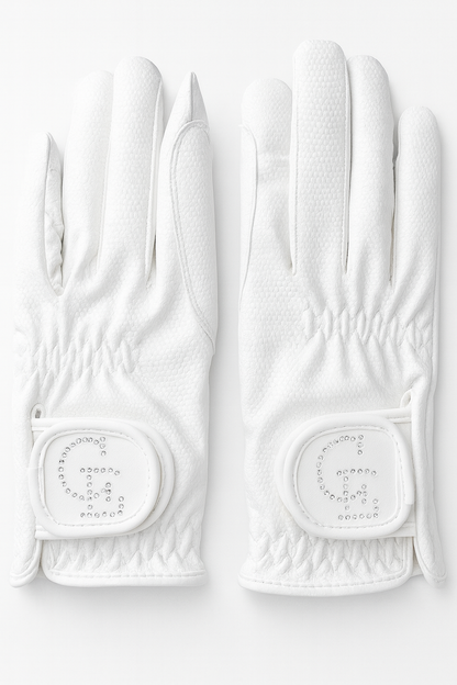 Par de guantes de equitación blancos con logo CE en cristales, textura perforada y cierre velcro, Celiana Equestrian