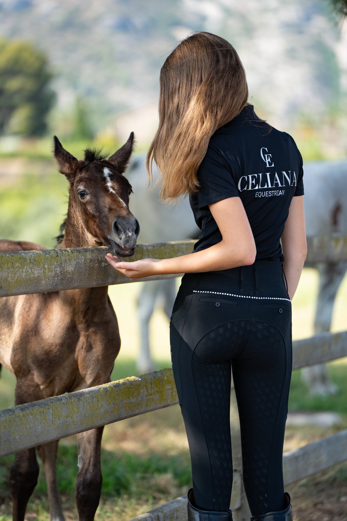 Pantalón de equitación Celiana Equestrian para mujer en negro con grip completo de silicona y cintura con detalle de cristales, vista trasera junto a un potro
